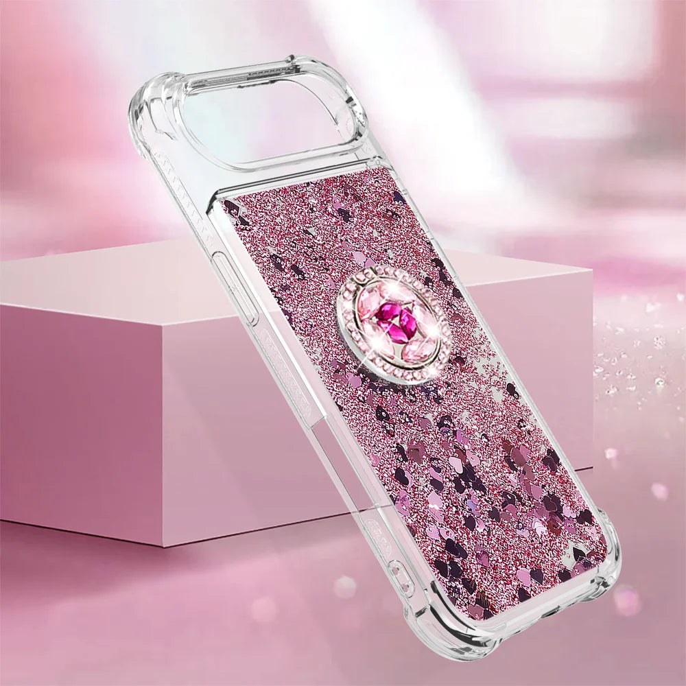 For iPhone Air TPU Case with Kickstand Quicksand Shockproof Cover - Rose Gold / Hearts - 6