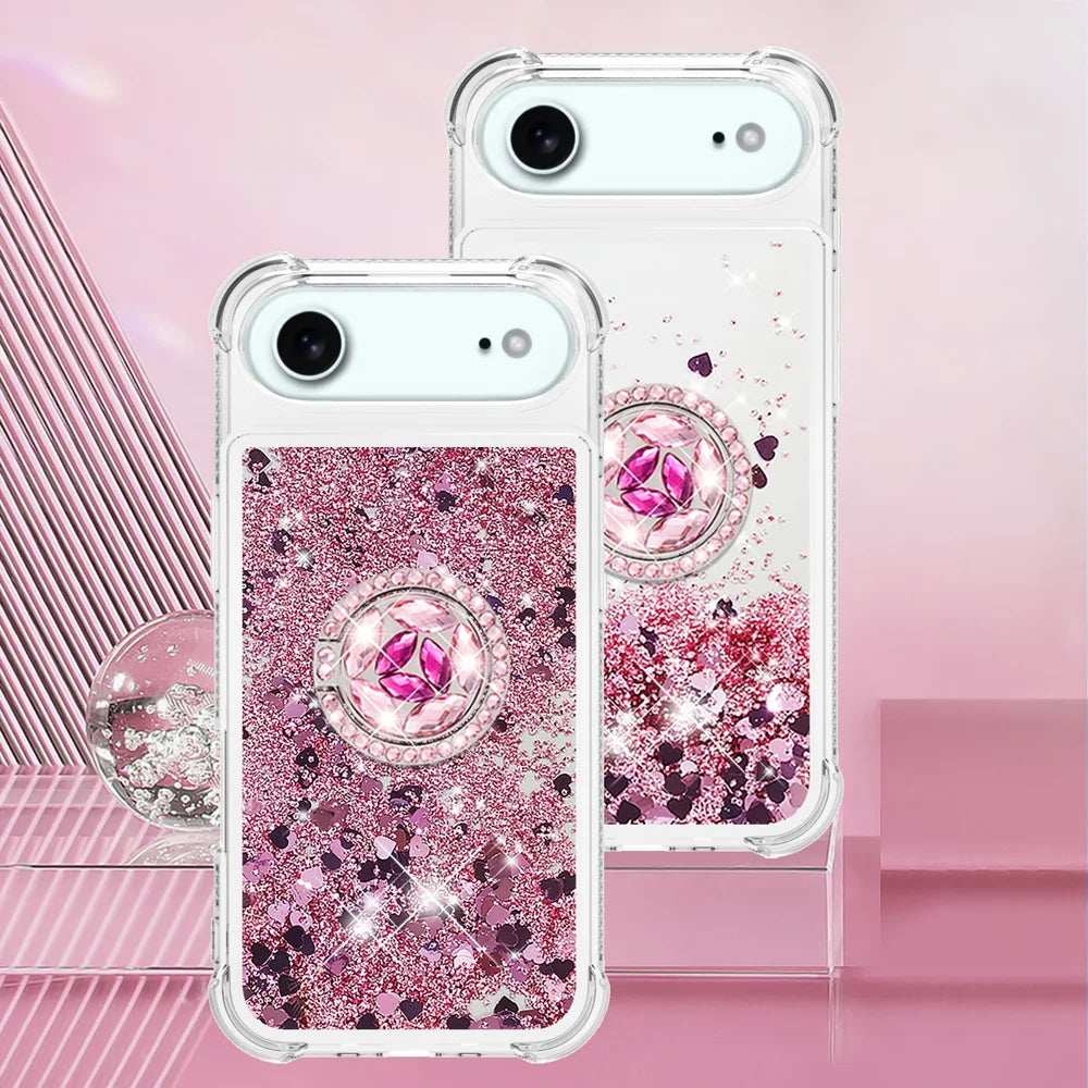 For iPhone Air TPU Case with Kickstand Quicksand Shockproof Cover - Rose Gold / Hearts - 7