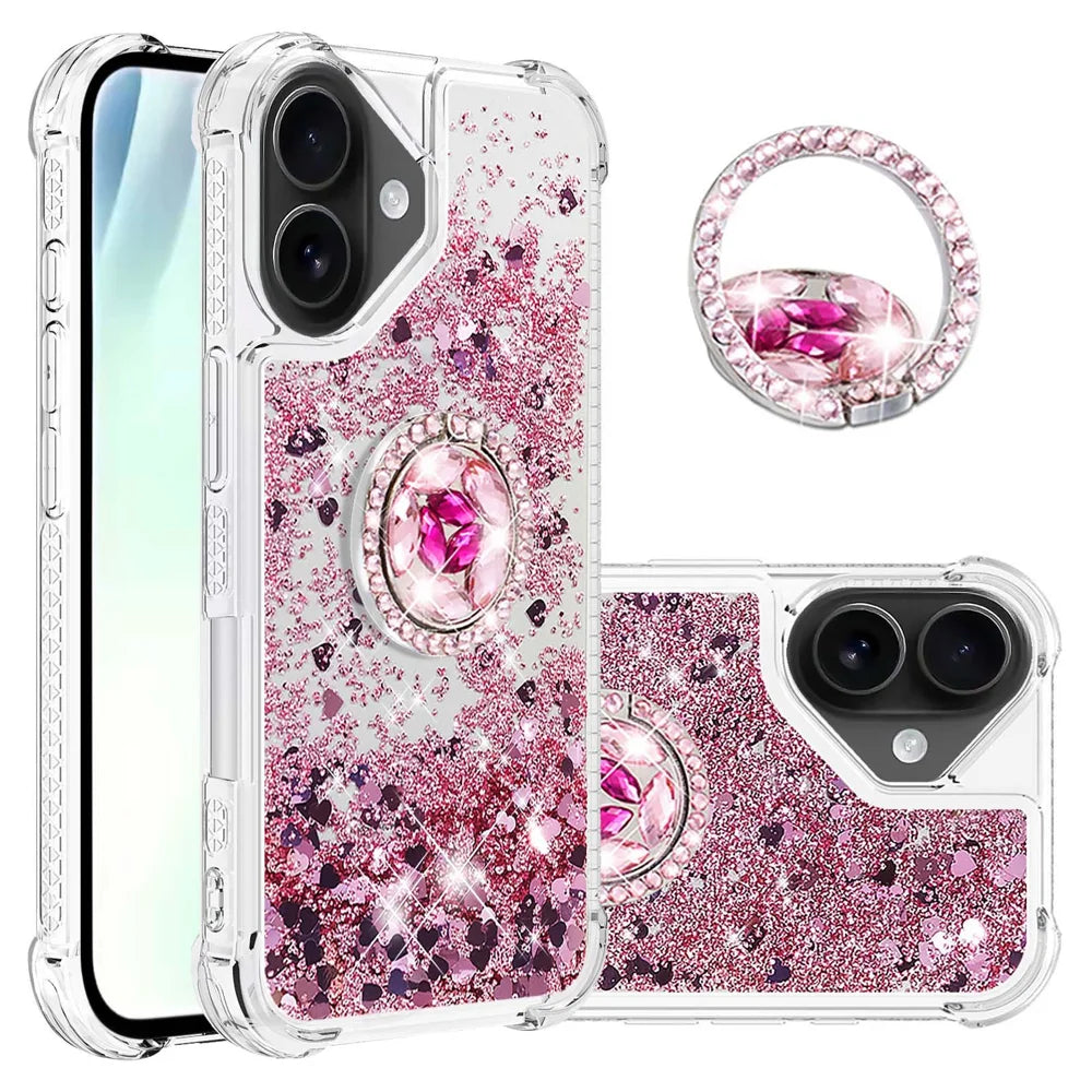 For iPhone 17 TPU Case with Kickstand Quicksand Shockproof Cover - Rose Gold / Hearts - 1