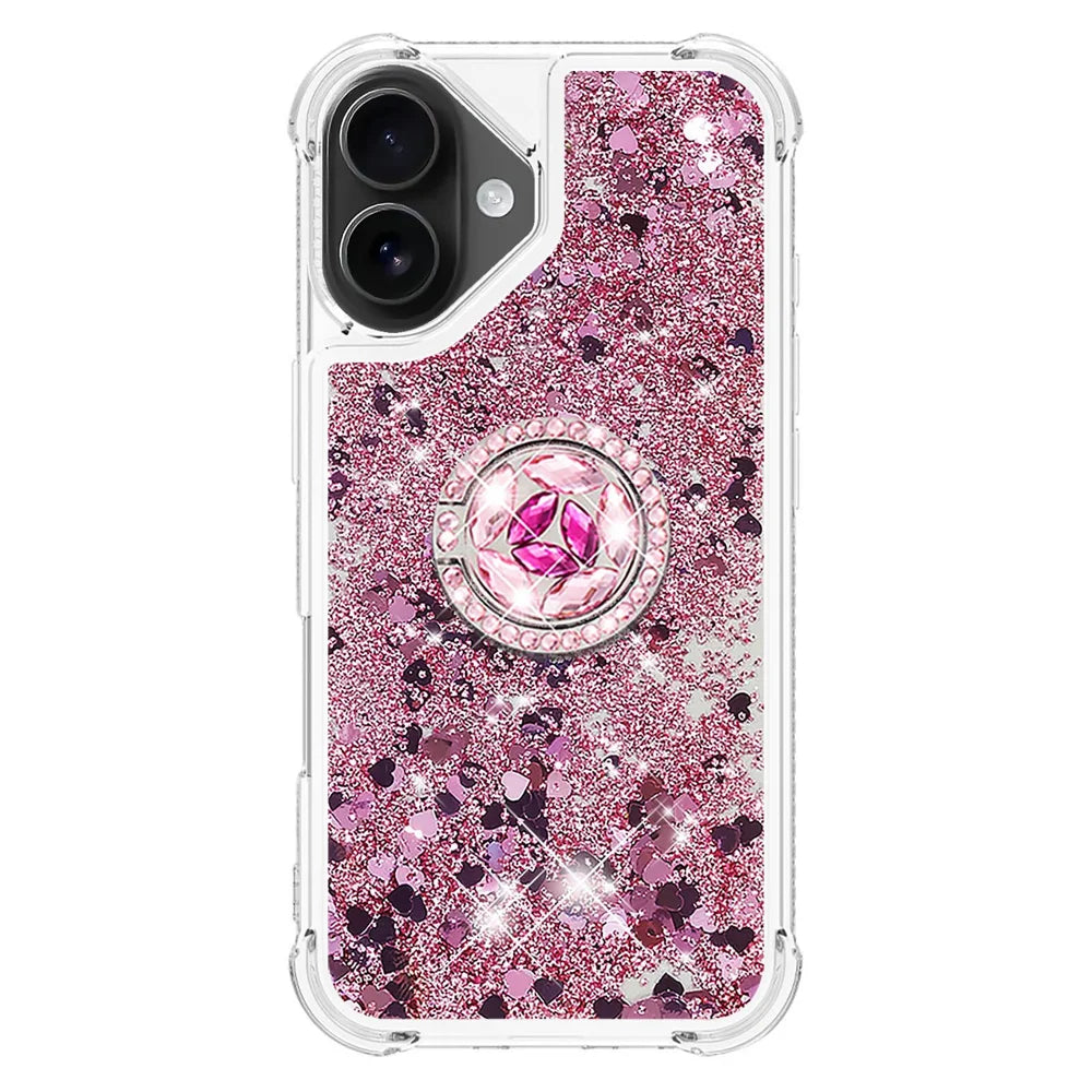 For iPhone 17 TPU Case with Kickstand Quicksand Shockproof Cover - Rose Gold / Hearts - 2