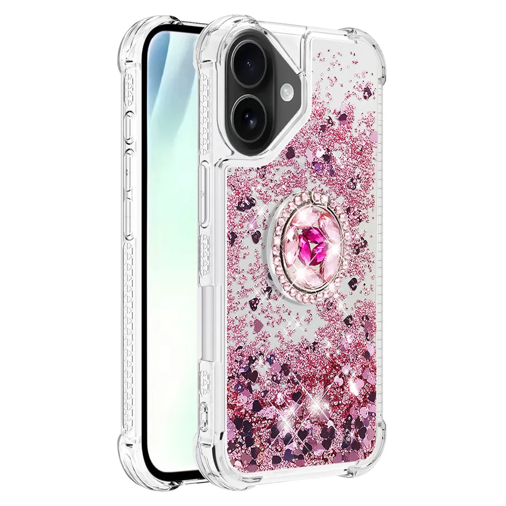 For iPhone 17 TPU Case with Kickstand Quicksand Shockproof Cover - Rose Gold / Hearts - 3