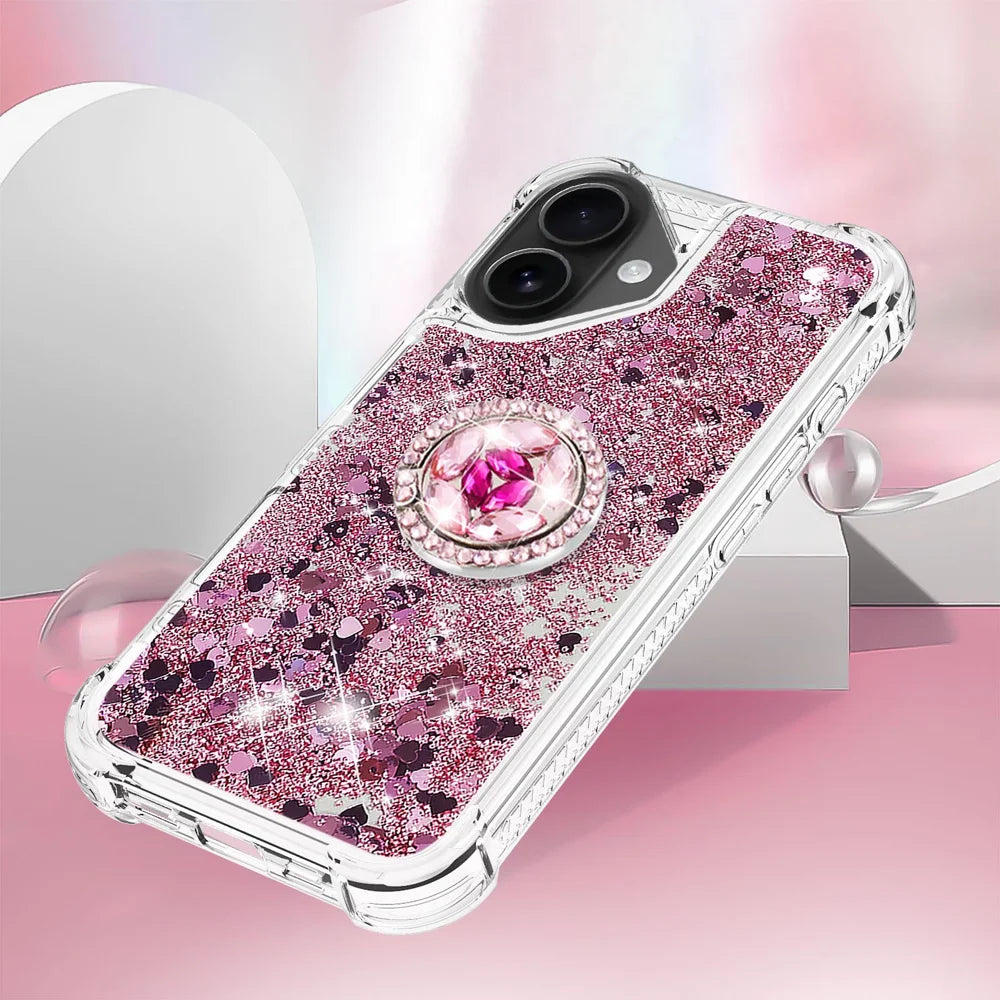 For iPhone 17 TPU Case with Kickstand Quicksand Shockproof Cover - Rose Gold / Hearts - 5