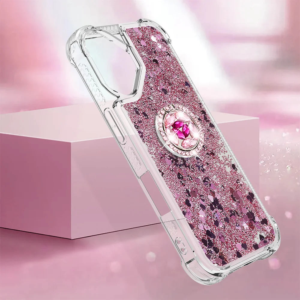For iPhone 17 TPU Case with Kickstand Quicksand Shockproof Cover - Rose Gold / Hearts - 6