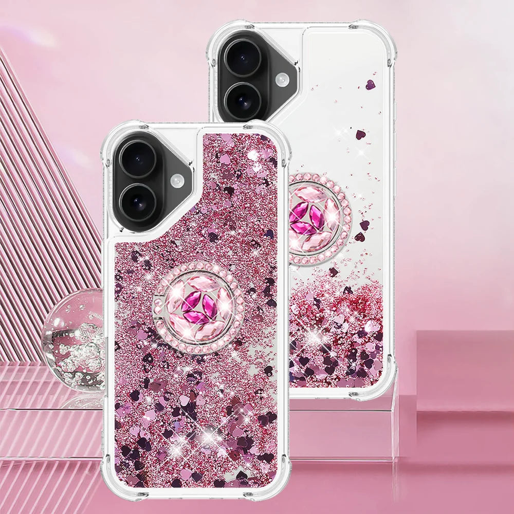 For iPhone 17 TPU Case with Kickstand Quicksand Shockproof Cover - Rose Gold / Hearts - 7