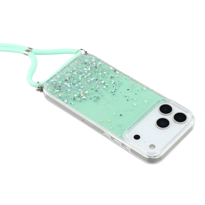 For iPhone 17 Pro Case Cute Bling TPU Epoxy Phone Cover with Lanyard - Green - 4