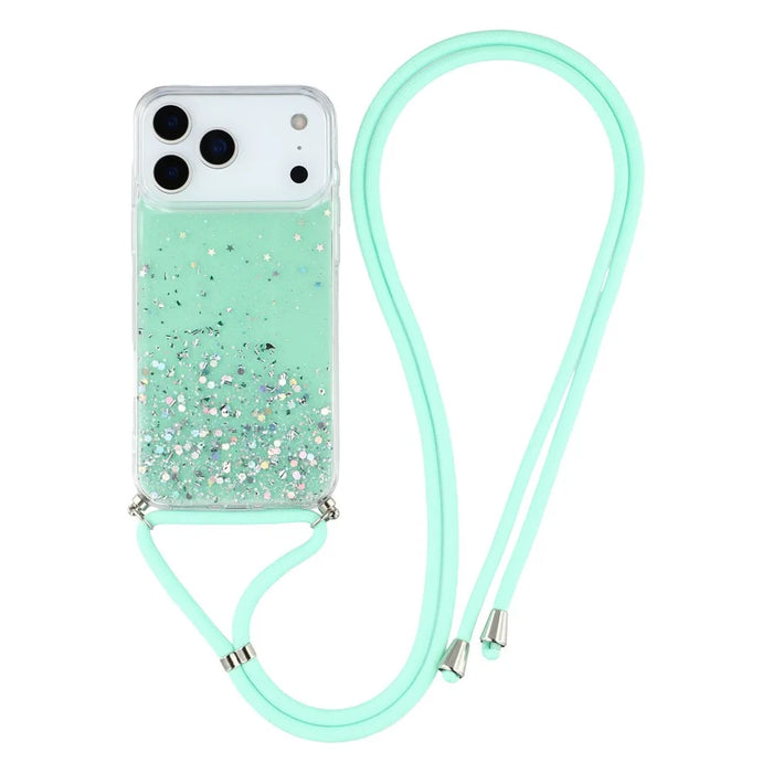 For iPhone 17 Pro Max Case Cute Bling TPU Epoxy Phone Cover with Lanyard - Green - 1