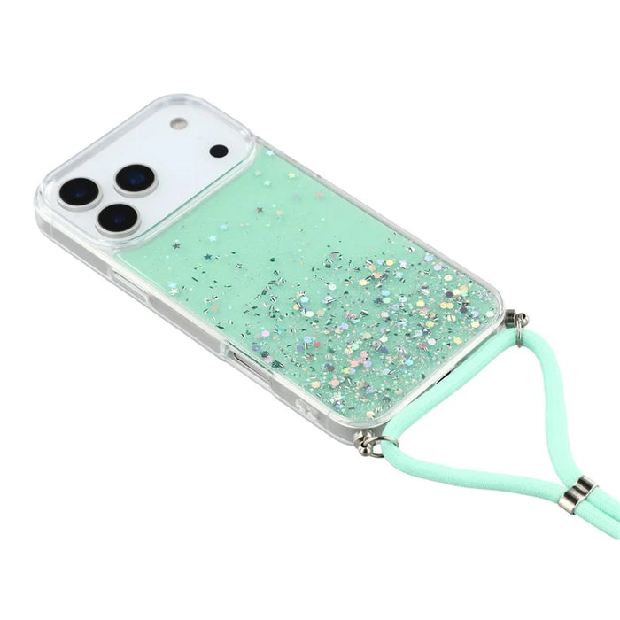 For iPhone 17 Pro Max Case Cute Bling TPU Epoxy Phone Cover with Lanyard - Green - 3