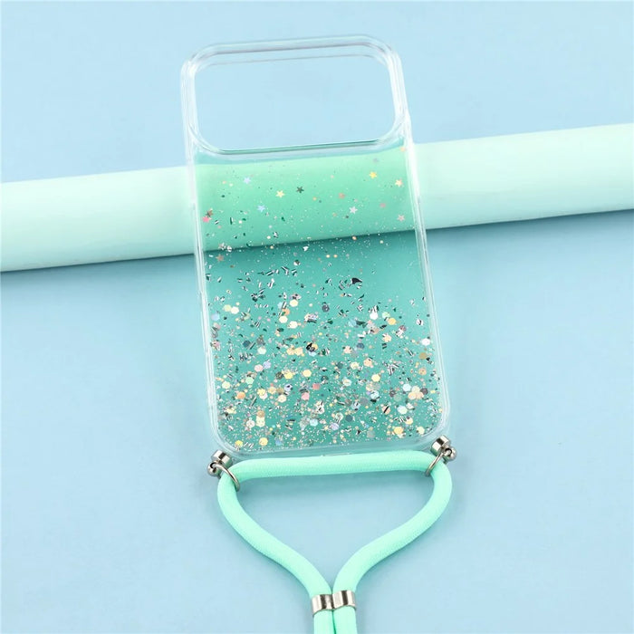 For iPhone 17 Pro Max Case Cute Bling TPU Epoxy Phone Cover with Lanyard - Green - 5