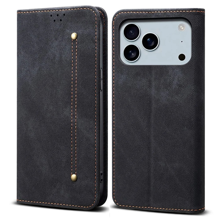 For iPhone 17 Pro Max Case Jeans Cloth Texture Anti-Scratch Leather Stand Phone Cover - Black - 1