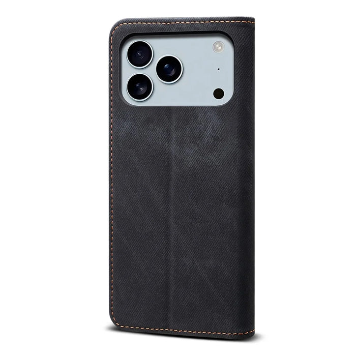 For iPhone 17 Pro Max Case Jeans Cloth Texture Anti-Scratch Leather Stand Phone Cover - Black - 6