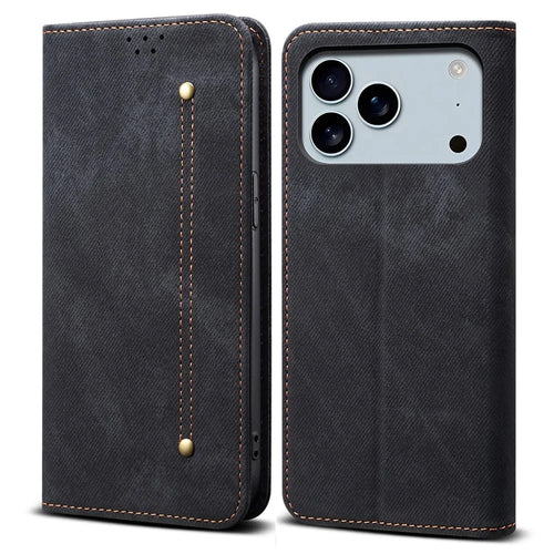 For iPhone 17 Pro Case Jeans Cloth Texture Anti-Scratch Leather Stand Phone Cover - Black - 1