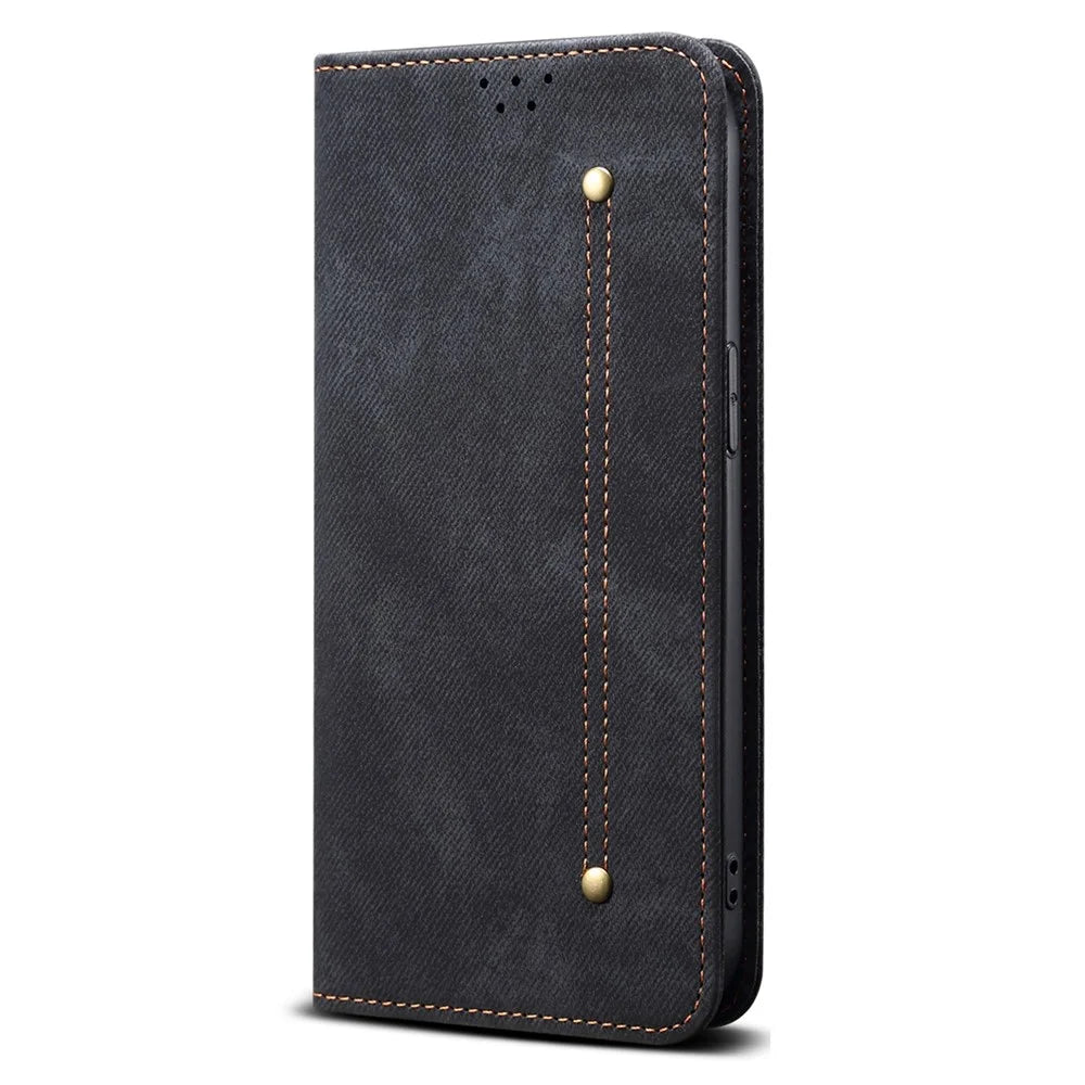 For iPhone 17 Pro Case Jeans Cloth Texture Anti-Scratch Leather Stand Phone Cover - Black - 5