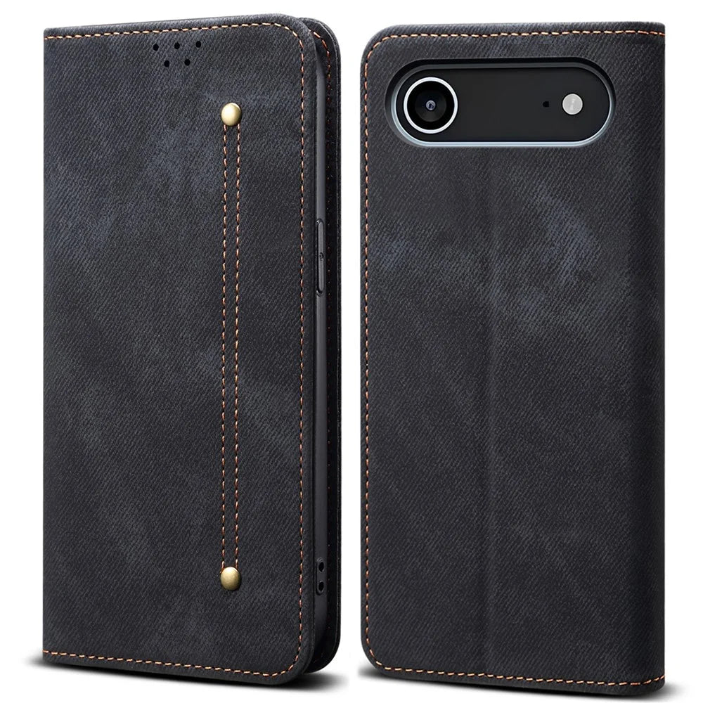 For iPhone Air Case Jeans Cloth Texture Anti-Scratch Leather Stand Phone Cover - Black - 1