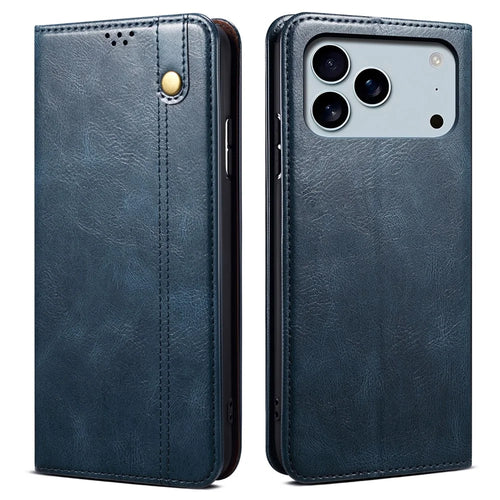 For iPhone 17 Pro Max Case Crazy Horse Texture Waxy Leather Wallet Stand Phone Cover - Blue - 1