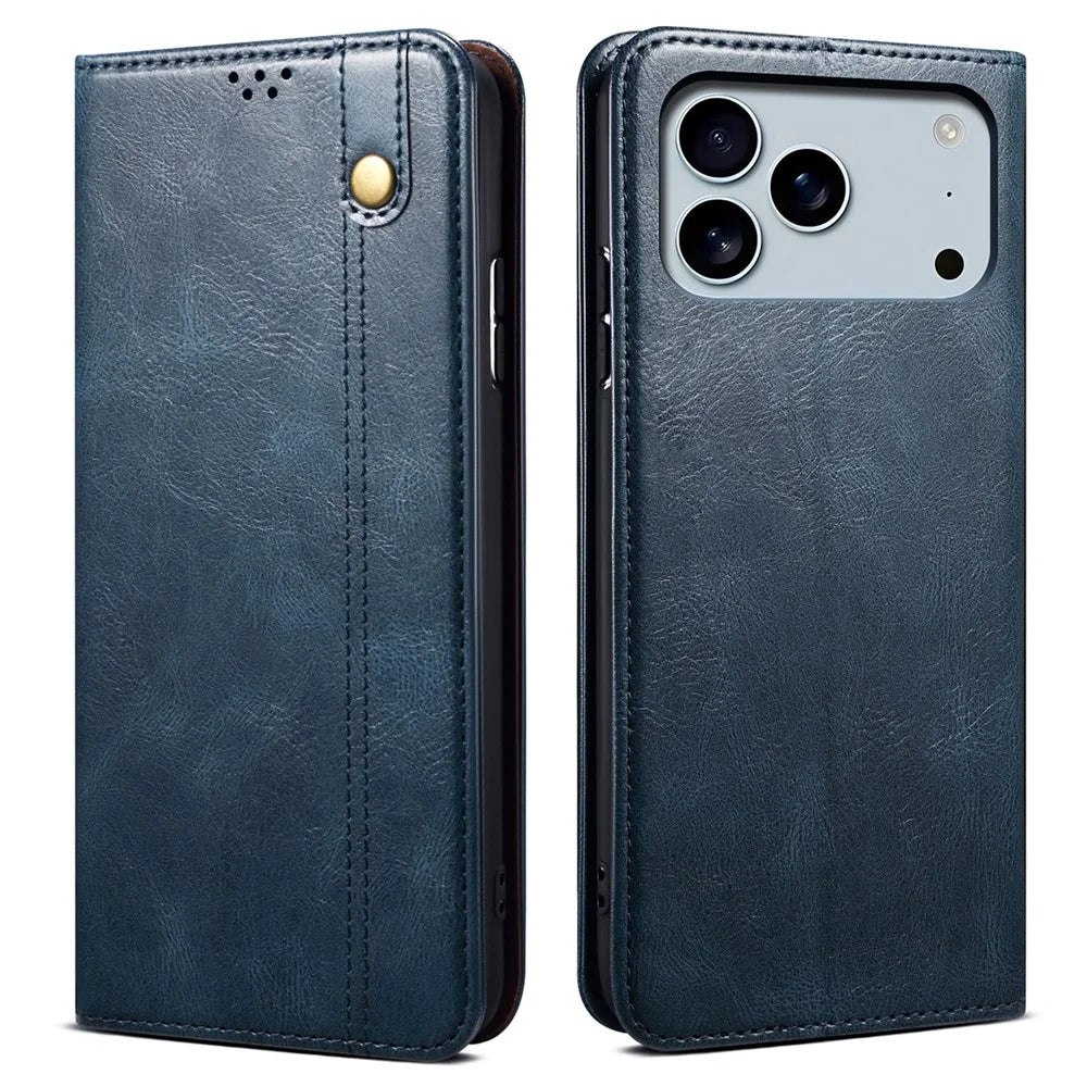 For iPhone 17 Pro Max Case Crazy Horse Texture Waxy Leather Wallet Stand Phone Cover - Blue - 1