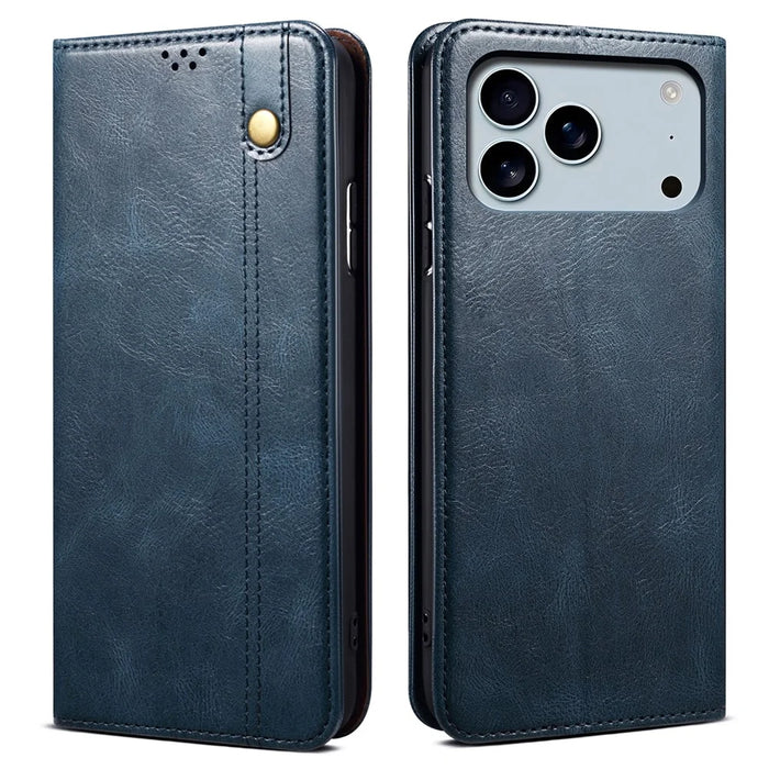 For iPhone 17 Pro Max Case Crazy Horse Texture Waxy Leather Wallet Stand Phone Cover - Blue - 1