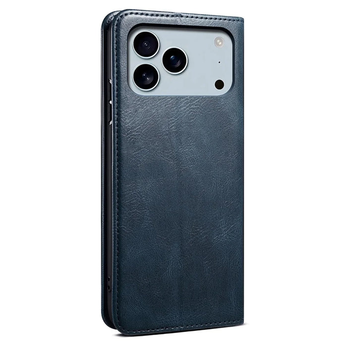 For iPhone 17 Pro Max Case Crazy Horse Texture Waxy Leather Wallet Stand Phone Cover - Blue - 6