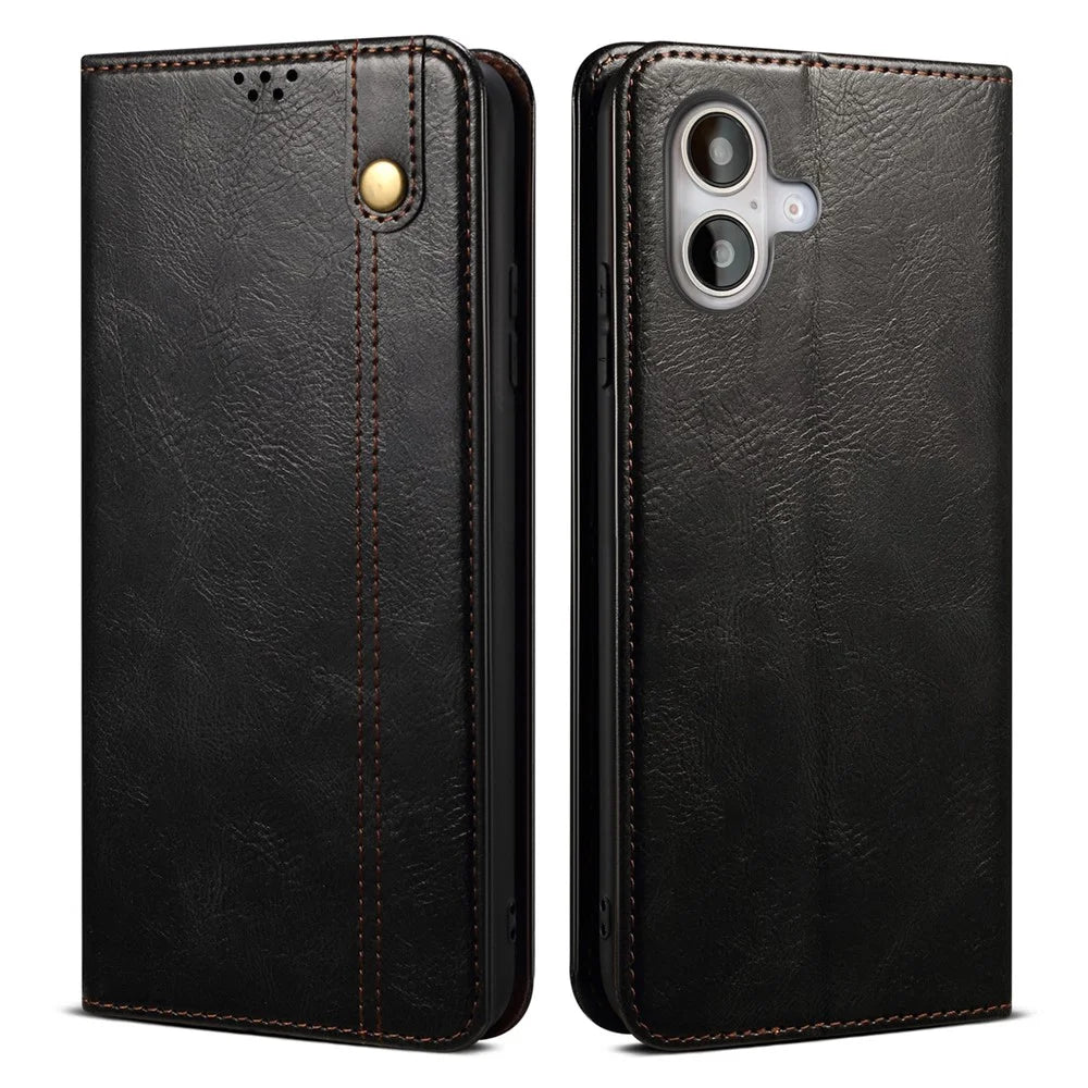 For iPhone 17 Case Crazy Horse Texture Waxy Leather Wallet Stand Phone Cover - Black - 1