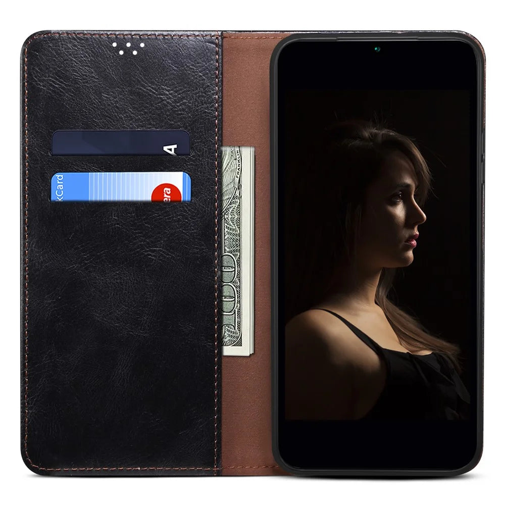 For iPhone 17 Case Crazy Horse Texture Waxy Leather Wallet Stand Phone Cover - Black - 2