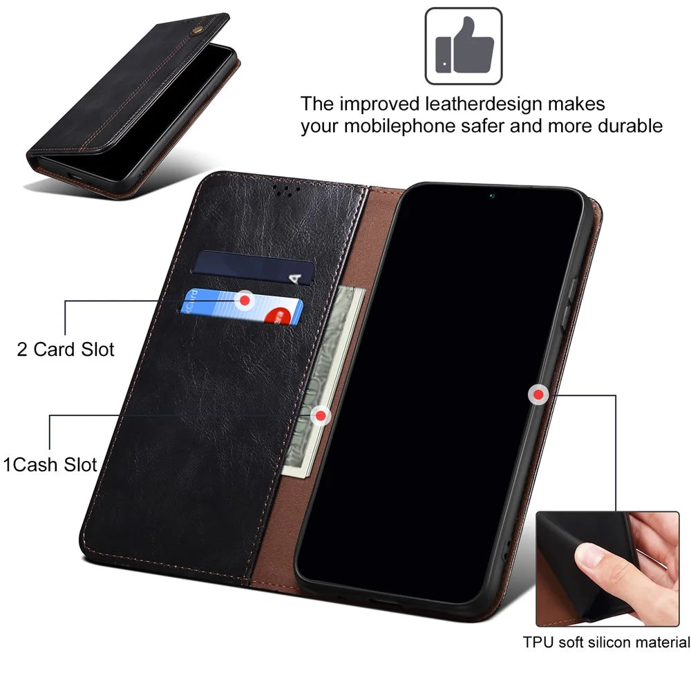 For iPhone 17 Case Crazy Horse Texture Waxy Leather Wallet Stand Phone Cover - Black - 5