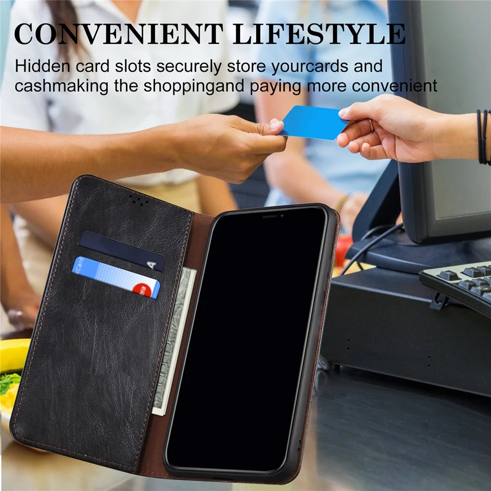 For iPhone 17 Case Crazy Horse Texture Waxy Leather Wallet Stand Phone Cover - Black - 6