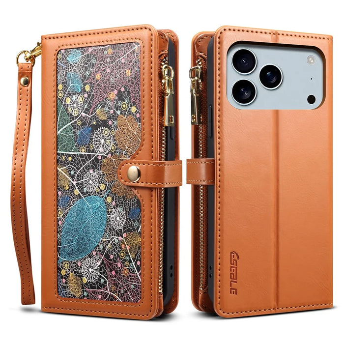 ESEBLE Galaxy Series For iPhone 17 Pro Max Case RFID Blocking Leather Zipper Phone Cover with Shoulder Strap + Wrist Strap - Brown - 1