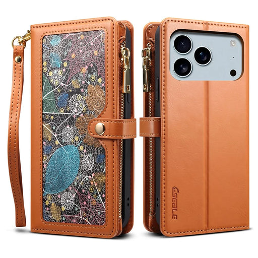 ESEBLE Galaxy Series For iPhone 17 Pro Case RFID Blocking Leather Zipper Phone Cover with Shoulder Strap + Wrist Strap - Brown - 1