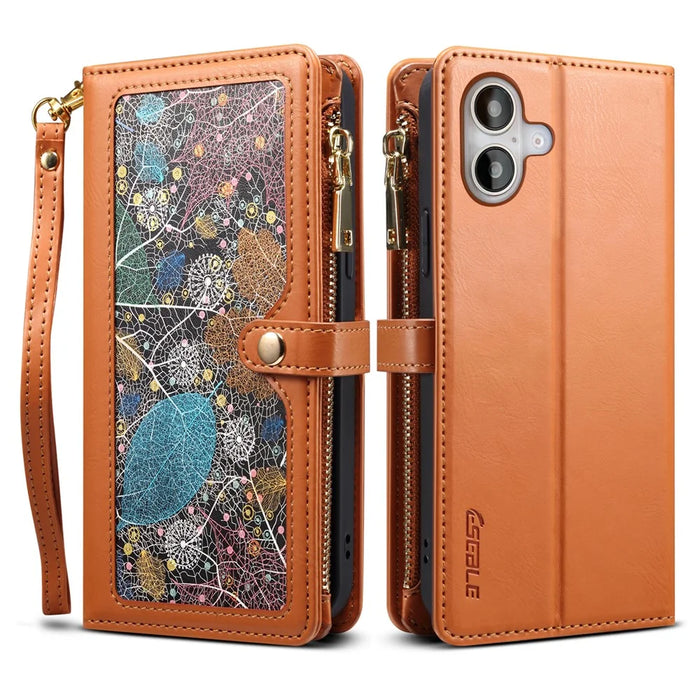 ESEBLE Galaxy Series For iPhone 17 Case RFID Blocking Leather Zipper Phone Cover with Shoulder Strap + Wrist Strap - Brown - 1