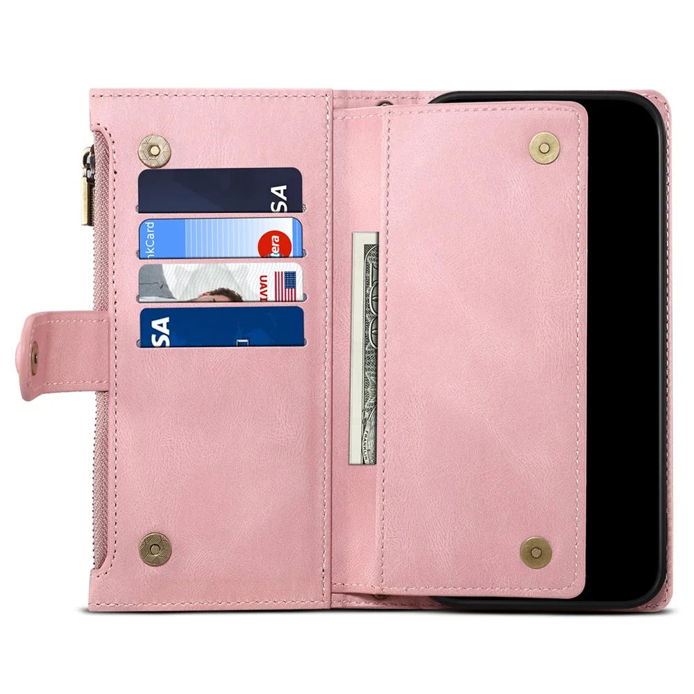 ESEBLE Star Series For iPhone 17 Pro Max Case Zipper Wallet Leather Stand Phone Cover with Wrist Strap - Rose Gold - 4
