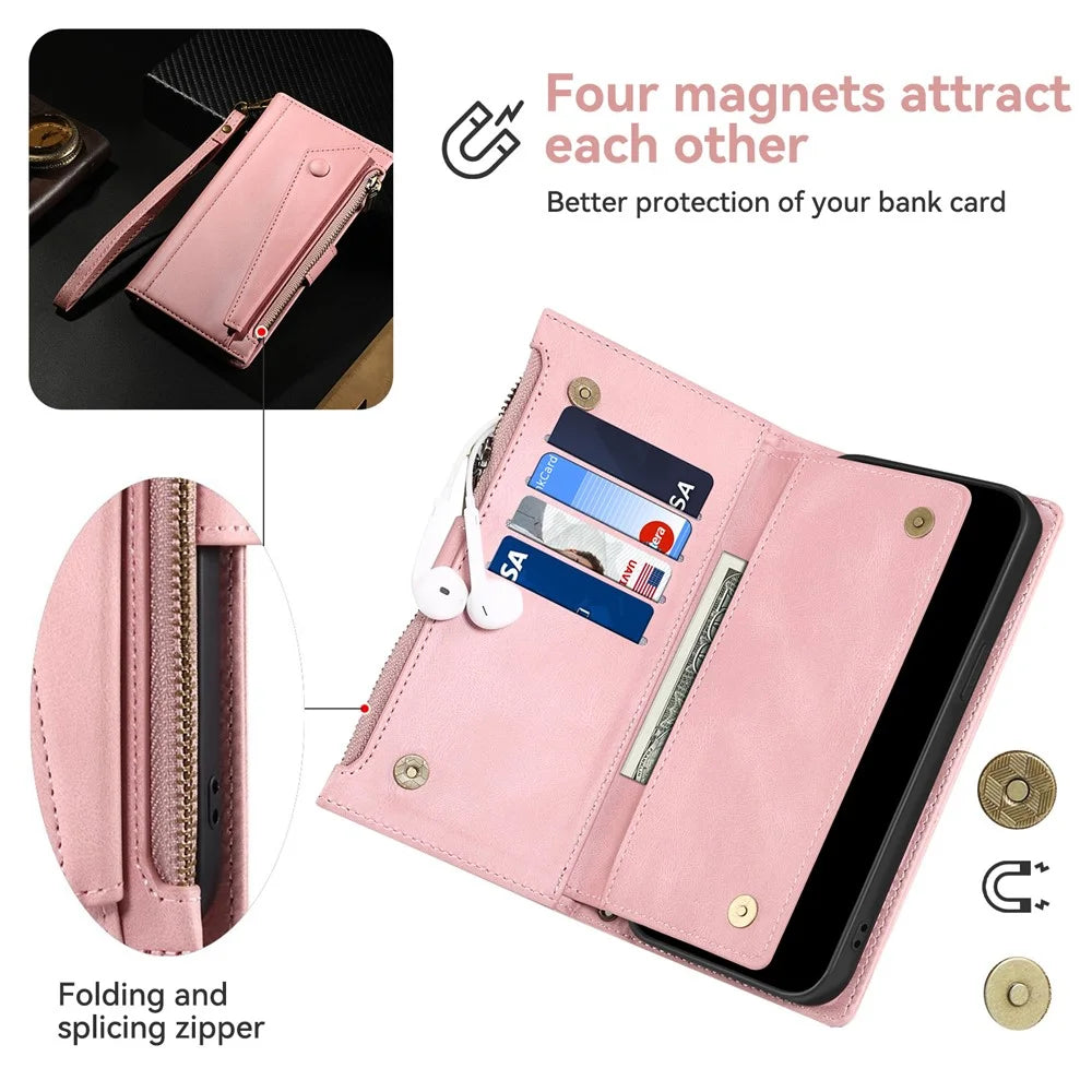 ESEBLE Star Series For iPhone 17 Pro Max Case Zipper Wallet Leather Stand Phone Cover with Wrist Strap - Rose Gold - 6