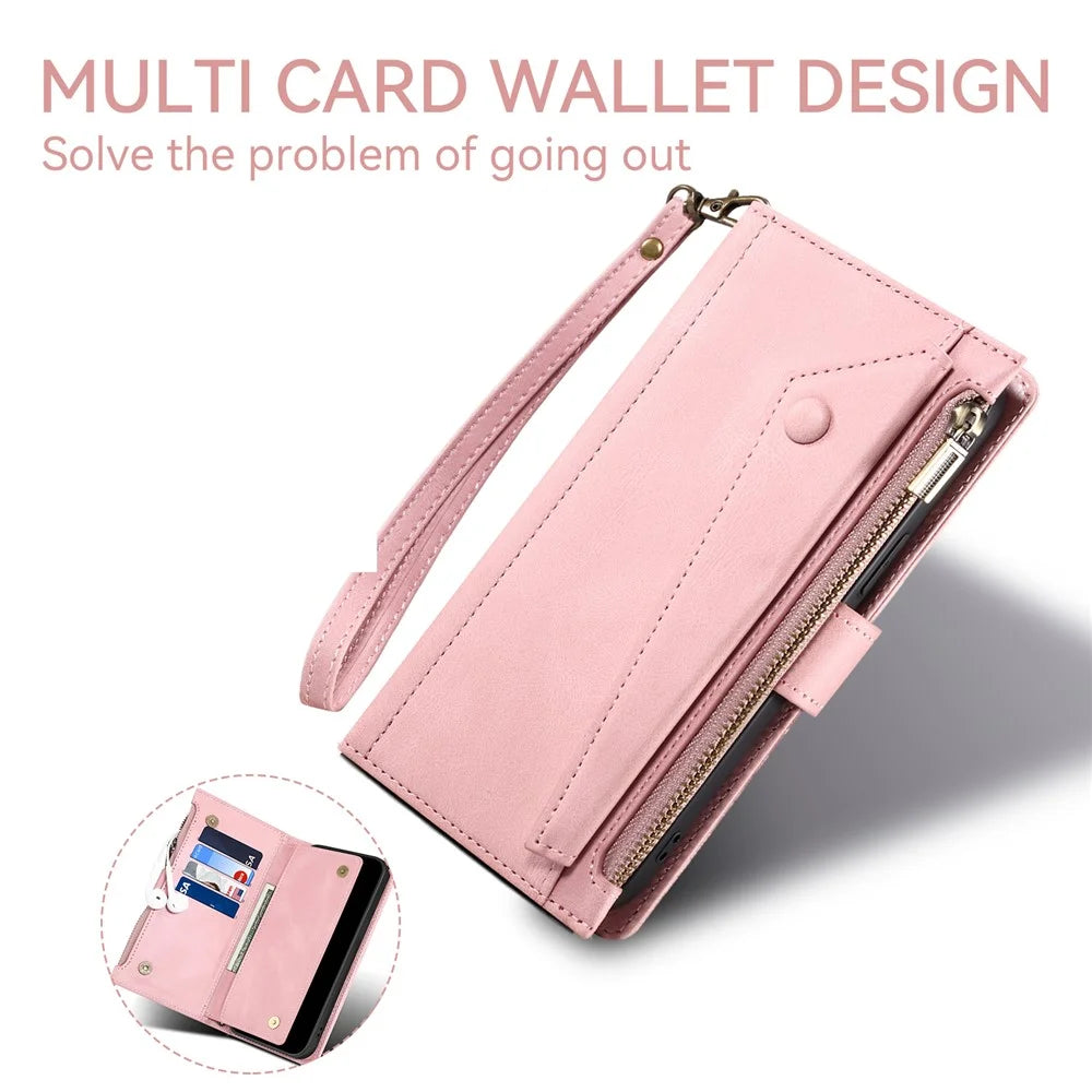 ESEBLE Star Series For iPhone 17 Pro Max Case Zipper Wallet Leather Stand Phone Cover with Wrist Strap - Rose Gold - 7