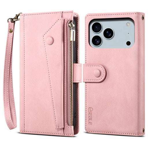 ESEBLE Star Series For iPhone 17 Pro Case Zipper Wallet Leather Stand Phone Cover with Wrist Strap - Rose Gold - 1