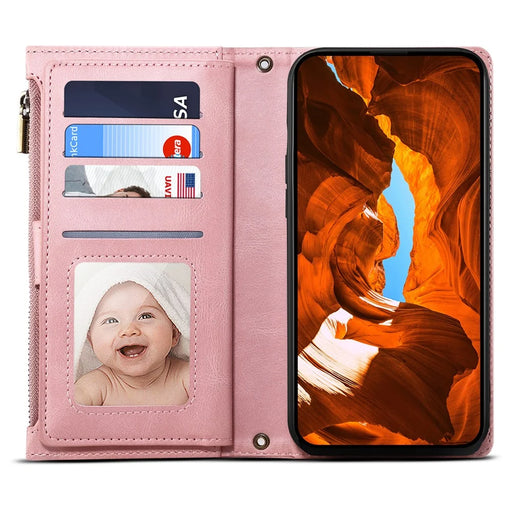 ESEBLE Star Series For iPhone 17 Pro Case Zipper Wallet Leather Stand Phone Cover with Wrist Strap - Rose Gold - 2