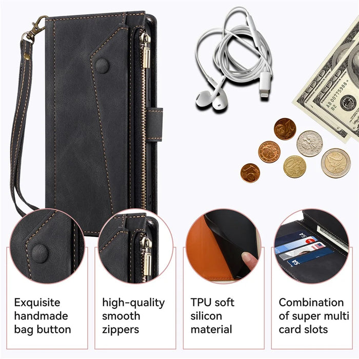 ESEBLE Star Series For iPhone 17 Case Zipper Wallet Leather Stand Phone Cover with Wrist Strap - Black - 5