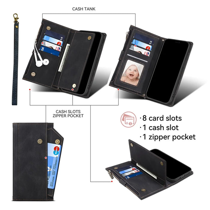 ESEBLE Star Series For iPhone 17 Case Zipper Wallet Leather Stand Phone Cover with Wrist Strap - Black - 6