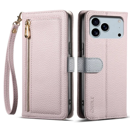 ESEBLE E11 For iPhone 17 Pro Max Case Zipper Pocket Litchi Texture Leather Phone Cover with Mirror and Wrist Strap - Light Purple - 1