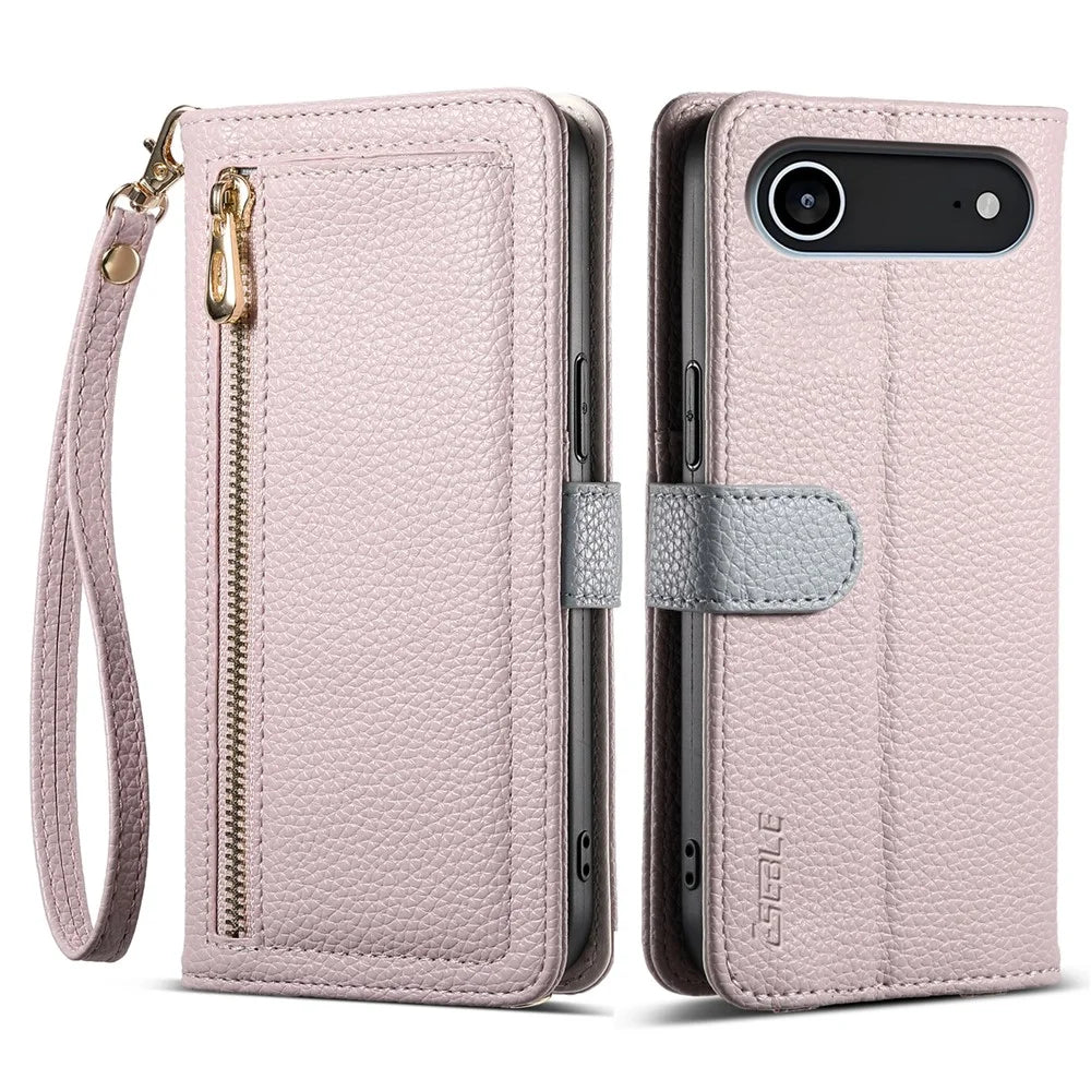 ESEBLE E11 For iPhone Air Case Zipper Pocket Litchi Texture Leather Phone Cover with Mirror and Wrist Strap - Light Purple - 1