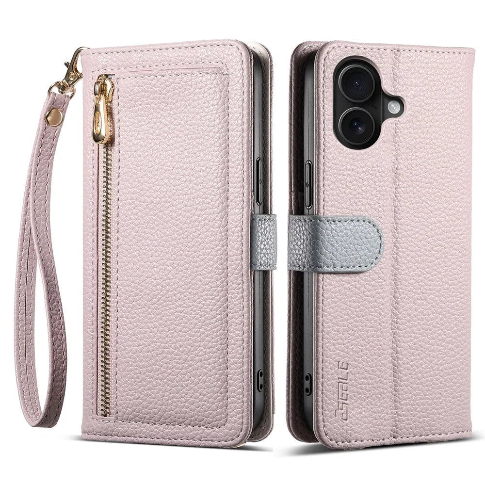 ESEBLE E11 For iPhone 17 Case Zipper Pocket Litchi Texture Leather Phone Cover with Mirror and Wrist Strap - Light Purple - 1