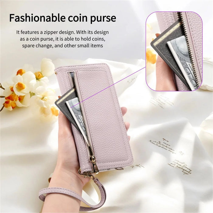 ESEBLE E11 For iPhone 17 Case Zipper Pocket Litchi Texture Leather Phone Cover with Mirror and Wrist Strap - Light Purple - 5