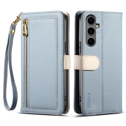 ESEBLE E11 For Samsung Galaxy A16 4G / 5G Case Zipper Pocket Litchi Texture Leather Phone Cover with Mirror and Wrist Strap - Sky Blue - 1