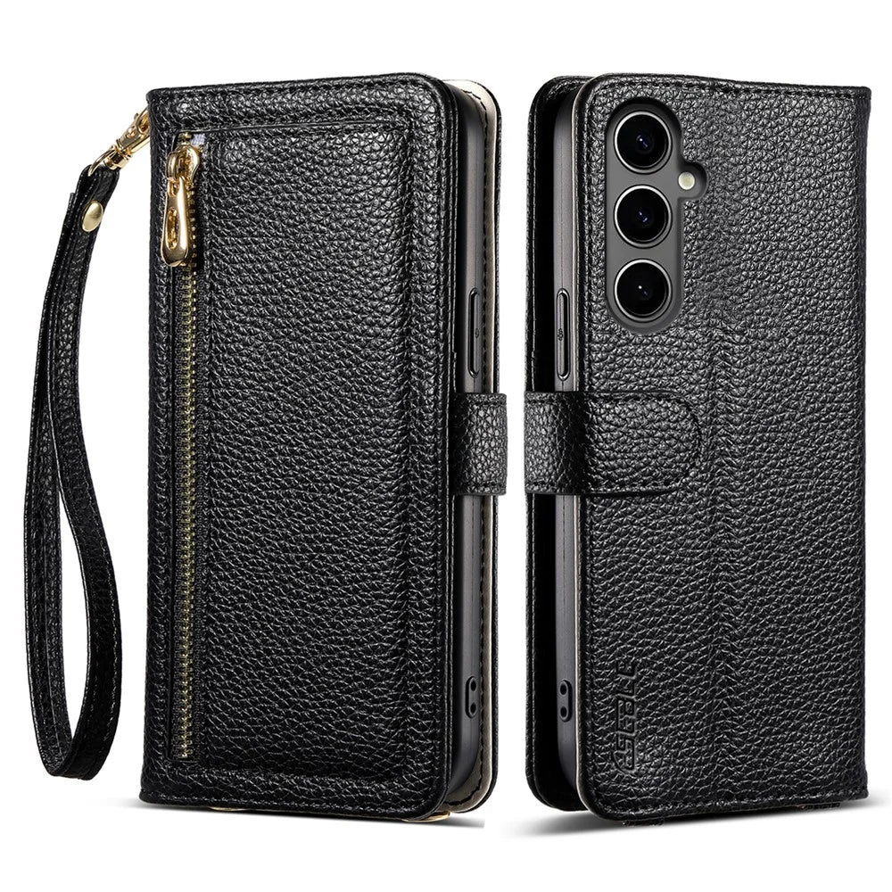 ESEBLE E11 For Samsung Galaxy A25 5G (Global) (161.0mm) Case Zipper Pocket Litchi Texture Leather Phone Cover with Mirror and Wrist Strap - Black - 1