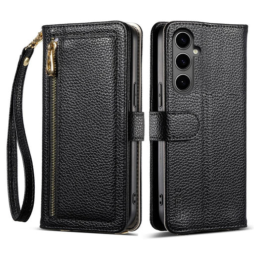 ESEBLE E11 For Samsung Galaxy A25 5G (Global) (161.0mm) Case Zipper Pocket Litchi Texture Leather Phone Cover with Mirror and Wrist Strap - Black - 1