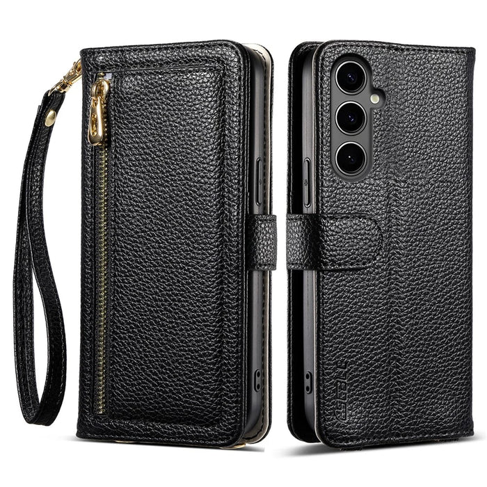 ESEBLE E11 For Samsung Galaxy A25 5G (Global) (161.0mm) Case Zipper Pocket Litchi Texture Leather Phone Cover with Mirror and Wrist Strap - Black - 1