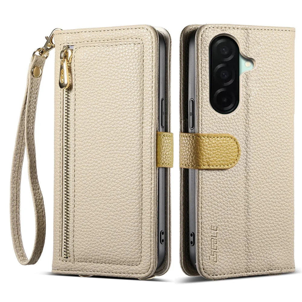 ESEBLE E11 For Samsung Galaxy A26 5G Case Zipper Pocket Litchi Texture Leather Phone Cover with Mirror and Wrist Strap - Khaki - 1