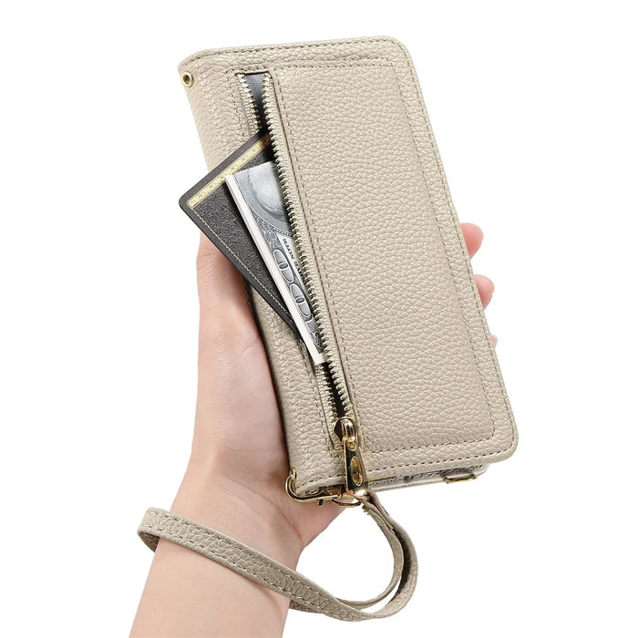 ESEBLE E11 For Samsung Galaxy A26 5G Case Zipper Pocket Litchi Texture Leather Phone Cover with Mirror and Wrist Strap - Khaki - 4