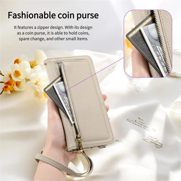 ESEBLE E11 For Samsung Galaxy A26 5G Case Zipper Pocket Litchi Texture Leather Phone Cover with Mirror and Wrist Strap - Khaki - 5