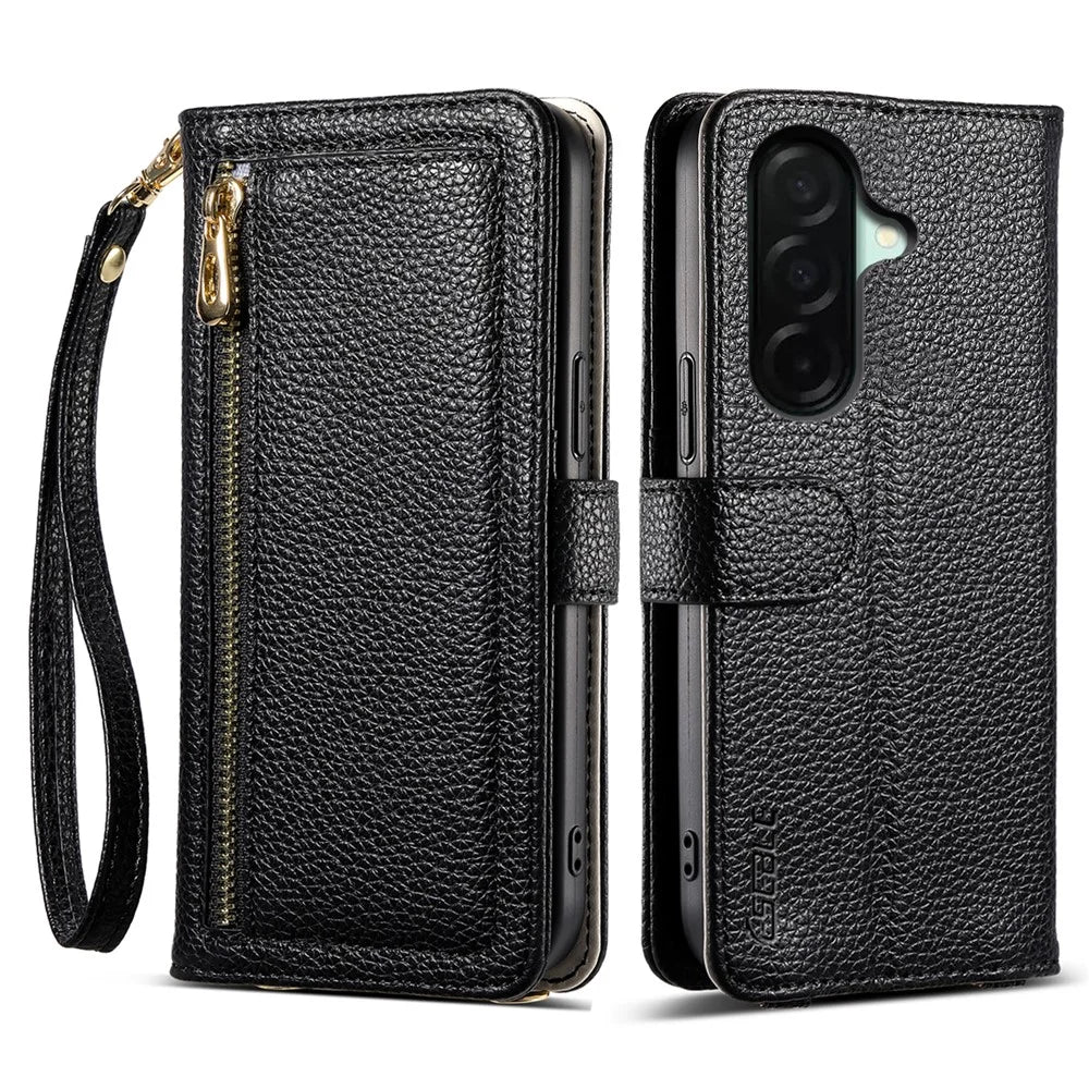 ESEBLE E11 For Samsung Galaxy A36 5G Case Zipper Pocket Litchi Texture Leather Phone Cover with Mirror and Wrist Strap - Black - 1