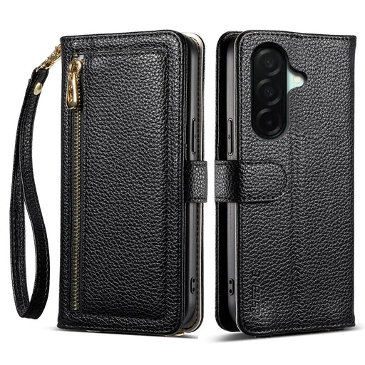 ESEBLE E11 For Samsung Galaxy A36 5G Case Zipper Pocket Litchi Texture Leather Phone Cover with Mirror and Wrist Strap - Black - 1