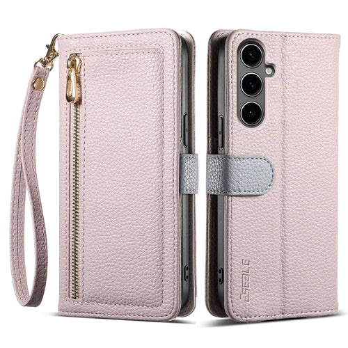 ESEBLE E11 For Samsung Galaxy A55 5G Case Zipper Pocket Litchi Texture Leather Phone Cover with Mirror and Wrist Strap - Light Purple - 1