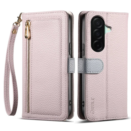ESEBLE E11 For Samsung Galaxy A56 5G Case Zipper Pocket Litchi Texture Leather Phone Cover with Mirror and Wrist Strap - Light Purple - 1